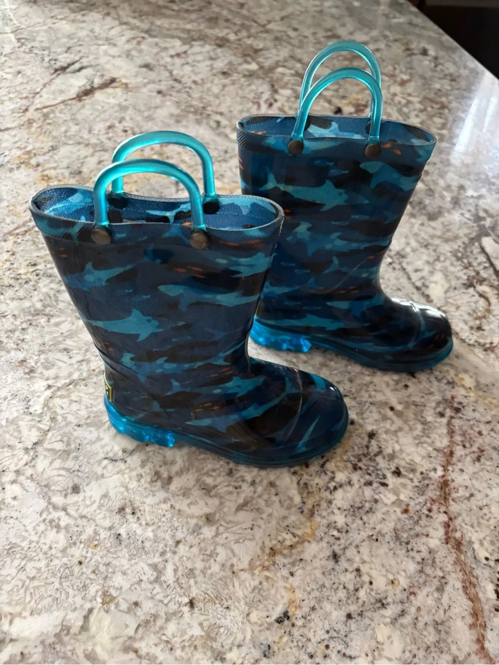 Western Chief Blue Camouflage Kids Rain Boots with Teal Handles